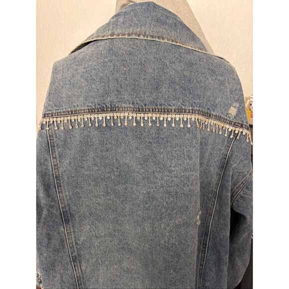 Blue B Rhinestone Fringe Denim Jacket with Hoodie Blue Size M/L - Picture 10 of 12